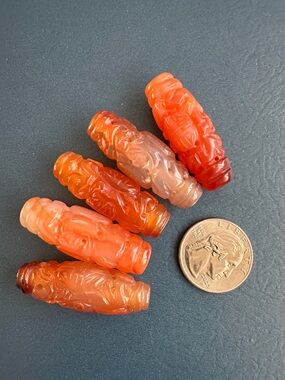 RARE Vintage LARGE Chinese Carved Carnelian Beads A